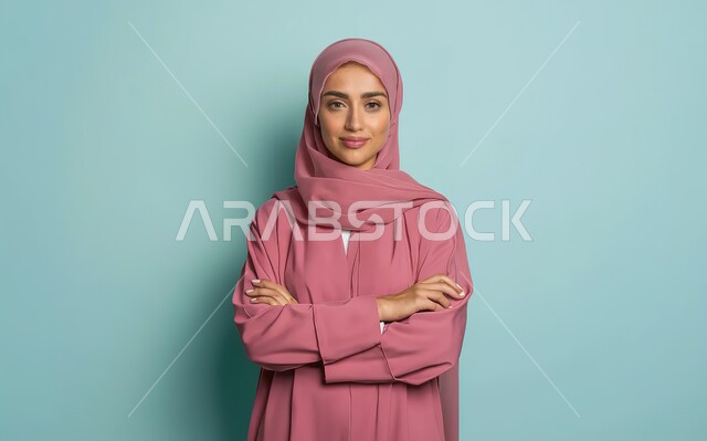 Attention to elegance and appearance, concept of femininity and softness, close-up portrait of a smiling Emirati Gulf Arab woman wearing a hijab and a pink abaya looking at the camera with an expression of pleasure, taking personal photos for official documents, gestures of self-confidence and standing with crossed hands, blue background