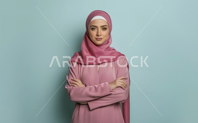 The concept of femininity and softness, interest in elegance and appearance, close-up portrait of a smiling Emirati Gulf Arab woman wearing a hijab and a pink abaya looking at the camera with an expression of pleasure, taking personal photos for official documents, gestures of self-confidence and standing with crossed hands, blue background