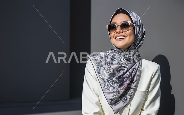 مفهوم الأناقة والشياكة و الأنوثة والنعومة، الاهتمام بالمظهر الخارجي، النظر إلى شيء ما بايماءات السعادة والسرور، أزياء محجبات عصرية حديثة، بورتريه مقرب لامرأة عربيه خليجيه سعودية محجبه ترتدي النظارة الشمسية, خلفية رمادية