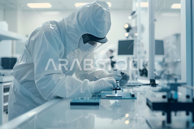 مختبرات الفحوصات الطبية والتحاليل الكيمائية، صورة مقربة لمخبري يرتدي القفازات والقناع الواقي يقوم بفحص عينة ما من خلال المجهر، استخدام الأنبوبة الزجاجية المعقمة لتحليل العينات المختلفة، إجراء تجارب وبحوث علمية عبر التكنولوجيا الحيوية، معمل الصناعات الدوائية
