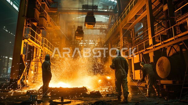 ارتداء الزي الواقي للحمايه من الشرار المتناثر، مجموعة عمال حدادة عرب خليجيون سعوديون يقوم بلحام الحديد في المصنع، مصانع المعادن الخام، عمال ومهندسين في المملكة العربية السعودية