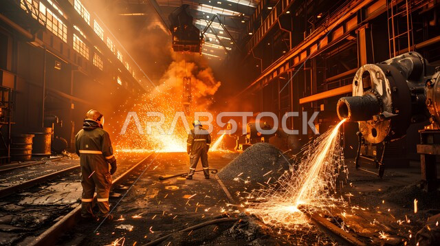 A group of Saudi Arabian Gulf blacksmiths welding iron in a factory, raw metal factories, workers and engineers in Saudi Arabia, wearing protective clothing to protect against scattered sparks