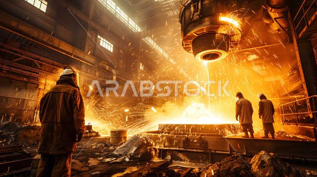 ارتداء الزي الواقي للحمايه من الشرار المتناثر، مجموعة عمال حدادة عرب خليجيون سعوديون يقوم بلحام الحديد في المصنع، مصانع المعادن الخام، عمال ومهندسين في المملكة العربية السعودية