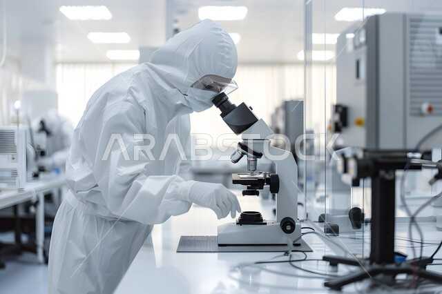 مختبرات الفحوصات الطبية والتحاليل الكيمائية، صورة مقربة لمخبري يرتدي القفازات والقناع الواقي يقوم بفحص عينة ما من خلال المجهر، استخدام الأنبوبة الزجاجية المعقمة لتحليل العينات المختلفة، إجراء تجارب وبحوث علمية عبر التكنولوجيا الحيوية، معمل الصناعات الدوائية