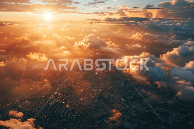 منظر السماء المليئة بالغيوم، صورة جوية لمشهد غروب الشمس من فوق السحاب، المناظر الطبيعية المتميزة في المملكة العربية السعودية، التطور العمراني للمنشآت والمباني السكنية