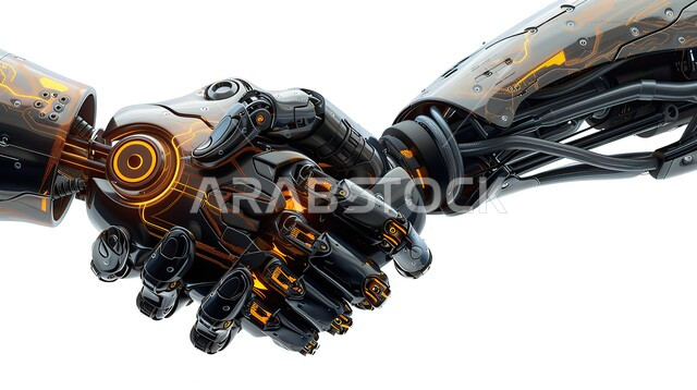 إلقاء التحيه والسلام, تطور الذكاء الاصطناعي والعلوم والتكنولوجيا، رؤية مستقبلية 2030، التحول الرقمي والتقدم التقني، تحقيق الثورة الصناعية, صورة مقربة لايدي روبوتات يقومان بمصافحة بعضهما, تقدم التقنيات الحديثة، خلفية بيضاء