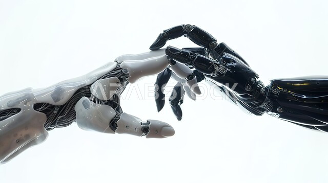 Development of artificial intelligence, science and technology, future vision 2030, digital transformation and technological progress, achieving the industrial revolution, close-up of robot hands touching each other, advancement of modern technologies, white background