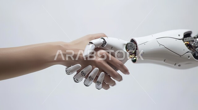 مفهوم التعاون بين البشر والروبوتات، تطور الذكاء الاصطناعي والعلوم والتكنولوجيا، رؤية مستقبلية 2030، التحول الرقمي والتقدم التقني، تحقيق الثورة الصناعية, صورة مقربة ليد بشرية تصافح يد روبوت, تقدم التقنيات الحديثة، خلفية بيضاء
