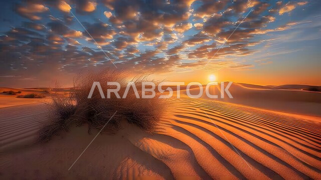 البيئة الصحراوية في المملكة العربية السعودية, غروب الشمس على الرمال الذهبية اللامعة, تشكل الكثبان الرملية في الصحراء, النباتات الجافة في الطبيعة البرية, أماكن ووجهات المغامرات ورحلات السفاري السياحية