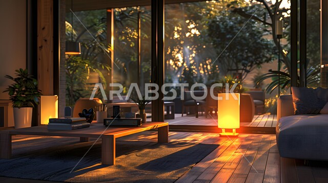 التصاميم والديكورات الخشبية البسيطة, دخول ضوء الشمس إلى غرفة المعيشة, الاهتمام بالنباتات الخضراء والطبيعة الجميلة, لقطة دافئة من داخل المنزل في وقت الغروب