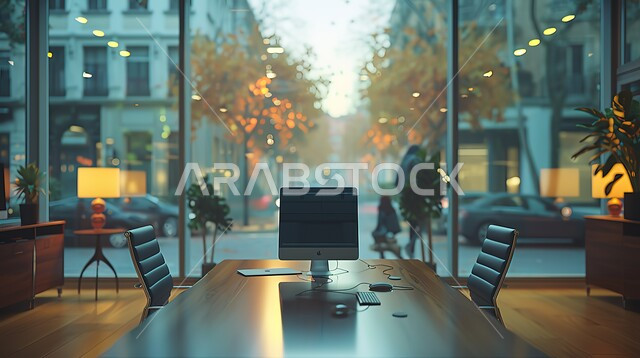 مكتب عمل بواجهه زجاجية كبيرة، طاولة عمل مجهزة باللوازم المكتبية، العمل على الحاسوب المحمول، استخدام الاجهزة التقنية الحديثة في المكاتب، مهن ووظائف ادارية، ديكورات وتصاميم وأثاث الغرفة الراقي