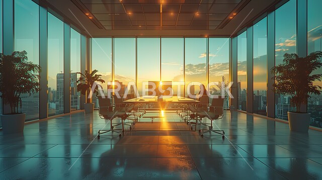 طاولة مجهزة باللوازم المكتبية، مكتب عمل بواجهه زجاجية كبيرة، العمل على الحاسوب المحمول، استخدام الاجهزة التقنية الحديثة في المكاتب، مهن ووظائف ادارية، ديكورات وتصاميم وأثاث الغرفة الراقي