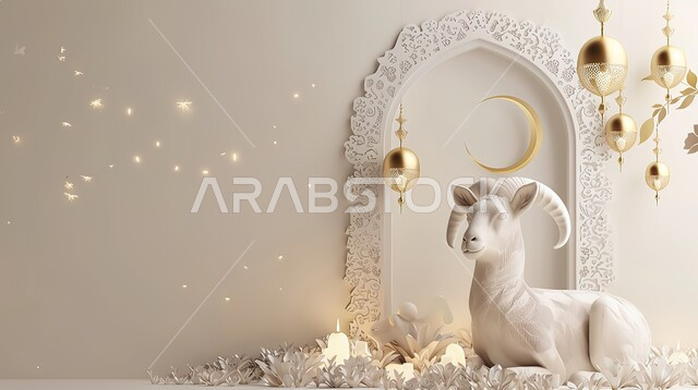  قربان و أضحية عيد الاضحى المبارك، الأعياد والمناسبات الإسلاميه الدينية, مجسم ثلاثي الابعاد لخاروف ابيض مزخرف ، رسوم بيانيه ثري دي لحيوان الغنم الثدي الاليف، ديكورات وأجواء رمضانية روحانية، خلفية رمادية