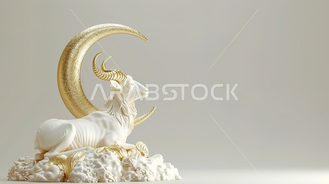 Islamic religious holidays and occasions, Eid al-Adha sacrifice, 3D model of a decorated white sheep and a golden crescent moon, 3D graphic of a domesticated sheep, Ramadan spiritual decorations and atmosphere, gray background