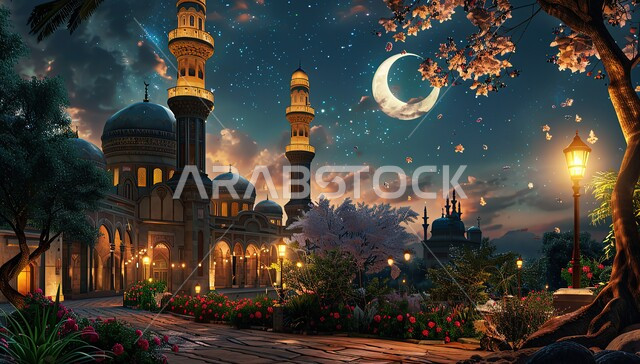 Architectural engineering art of mosques, distinctive decorations and designs in the Islamic style for domes and minarets illuminated at night, a luxurious Arabic mosque, worship and getting closer to God, performing duties and prayers, Ramadan religious backgrounds, the view of the crescent moon in the sky