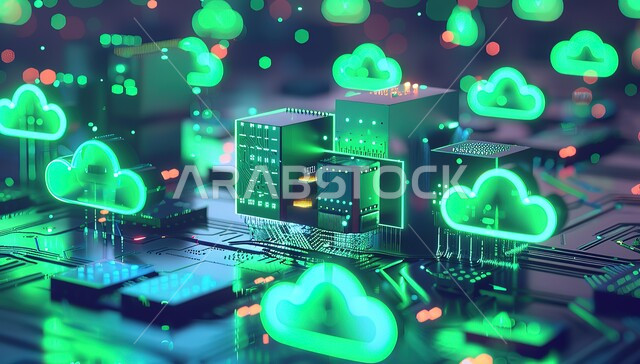 Artificial intelligence and digital development, 3D graphics and shapes, cyber security system and cloud computing, data and information storage, development of technology and digital technology, advanced future technology