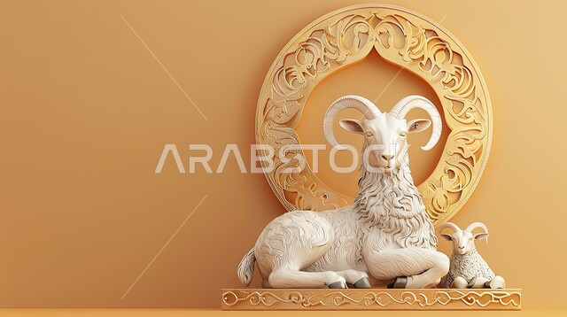 رسوم بيانيه ثري دي لحيوان الغنم الثدي الاليف، ديكورات وأجواء رمضانية روحانية، مجسم ثلاثي الابعاد لخراف بيضاء مزخرفة ، قربان و أضحية عيد الاضحى المبارك، الأعياد والمناسبات الإسلاميه الدينية، خلفية بيج