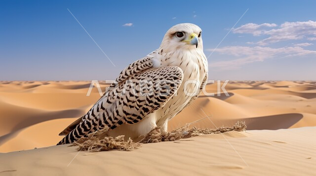 A white vulture bird stands on the soft sand in the desert, the concept of predation and visual acuity, the diversity of livestock in the United Arab Emirates, birds of prey and wildlife