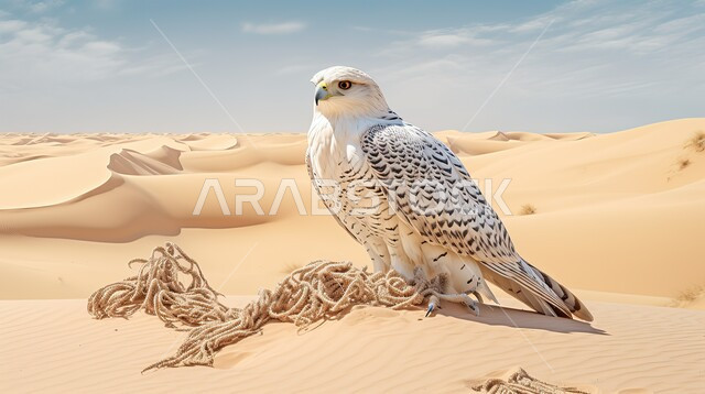 Birds of prey and wildlife, the concept of predation and visual acuity, the diversity of livestock in the United Arab Emirates, a white vulture bird standing on the soft sand in the desert