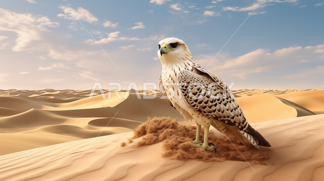 مفهوم الافتراس وحدة البصر, تنوع الثروة الحيوانية في الامارات العربية المتحدة, الطيور الجارحة والحياة البرية, طائر النسر الأبيض يقف على الرمال الناعمة في الصحراء