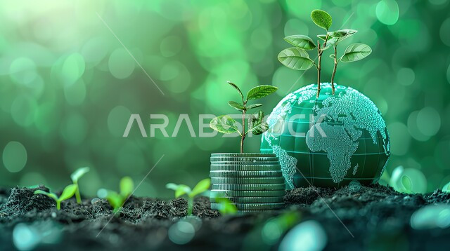 الاستثمار والفوائد العائدة، توفير وادخار الأموال وتمويل الأعمال، مفهوم النمو الاقتصادي والأرباح المالية والاستدامة، صورة مقربة لكرة أرضية ومجموعة من العملات المعدنية فوق بعضها البعض في الطبيعة