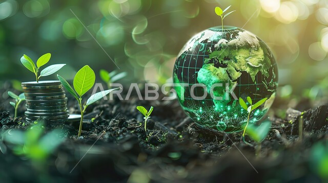مفهوم النمو الاقتصادي والأرباح المالية والاستدامة، ادخار وتوفير الأموال وتمويل الأعمال، صورة مقربة لكرة أرضية ومجموعة من العملات المعدنية فوق بعضها البعض في الطبيعة، الاستثمار والفوائد العائدة