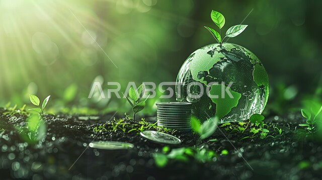 ادخار وتوفير الأموال وتمويل الأعمال، مفهوم النمو الاقتصادي والأرباح المالية والاستدامة، صورة مقربة لكرة أرضية ومجموعة من العملات المعدنية فوق بعضها البعض في الطبيعة، الاستثمار والفوائد العائدة