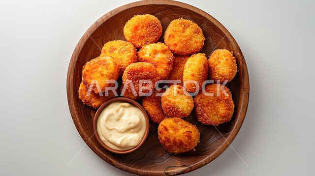 الكرات المقرمشة مع صوص المايونيز، طبق مليئ بقطع دجاج الكريسبي الشهي ، وجبات الطعام السريعة, مأكولات غير صحية , مطاعم المملكة العربية السعودية, خلفية بيضاء