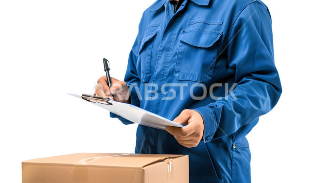 عمليات شحن وتوصيل موثوقه, الطلبات الاونلاين والتسوق الذكي, مفهوم التسوق الالكتروني, توصيل الطلبات والبضائع للزبائن, بورتريه مقرب لرجل عربي خليجي سعودي يرتدي بدلة عمل زرقاء يقوم بتسجيل وكتابة البيانات والملاحظات، خلفية بيضاء