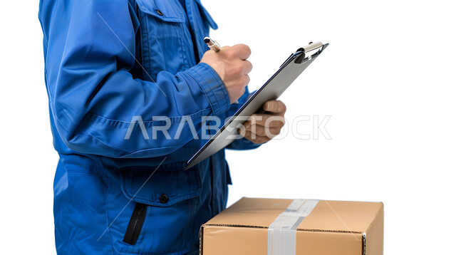 التسوق الذكي والطلبات الاونلاين, مفهوم التسوق الالكتروني, توصيل الطلبات والبضائع للزبائن, عمليات شحن وتوصيل موثوقه, بورتريه مقرب لرجل عربي خليجي سعودي يرتدي بدلة عمل زرقاء يقوم بتسجيل وكتابة البيانات والملاحظات، خلفية بيضاء