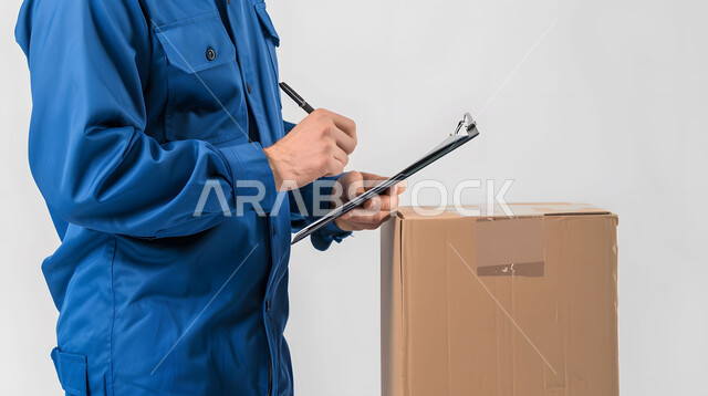 مفهوم التسوق الالكتروني, توصيل الطلبات والبضائع للزبائن, عمليات شحن وتوصيل موثوقه, التسوق الذكي والطلبات الاونلاين, بورتريه مقرب لرجل عربي خليجي سعودي يرتدي بدلة عمل زرقاء يقوم بتسجيل وكتابة البيانات والملاحظات، خلفية بيضاء