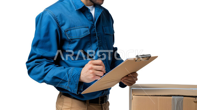 توصيل الطلبات والبضائع للزبائن, عمليات شحن وتوصيل موثوقه, التسوق الذكي والطلبات الاونلاين,  مفهوم التسوق الالكتروني, بورتريه مقرب لرجل عربي خليجي سعودي يرتدي بدلة عمل زرقاء يقوم بتسجيل وكتابة البيانات والملاحظات، خلفية بيضاء