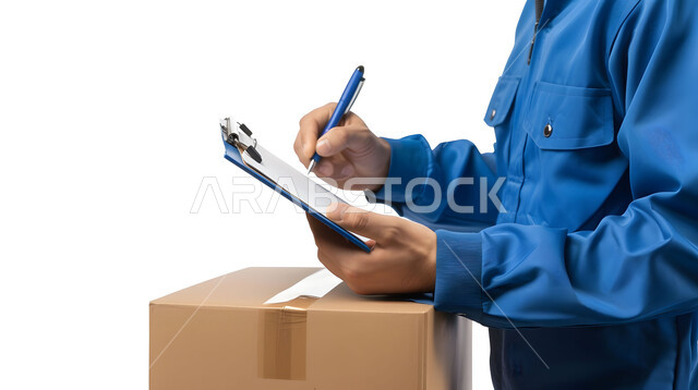 عمليات شحن وتوصيل موثوقه, التسوق الذكي والطلبات الاونلاين,  تسجيل وكتابة البيانات والملاحظات، مفهوم التسوق الالكتروني, بورتريه مقرب لرجل عربي خليجي سعودي يرتدي بدلة عمل زرقاء يعمل في توصيل الطلبات والبضائع للزبائن, خلفية بيضاء