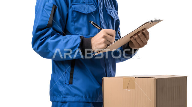 عملية شحن وتوصيل موثوقه, التسوق الذكي والطلبات الاونلاين,  تسجيل وكتابة البيانات والملاحظات، مفهوم التسوق الالكتروني, بورتريه مقرب لرجل عربي خليجي سعودي يرتدي بدلة عمل زرقاء يعمل في توصيل الطلبات والبضائع للزبائن, خلفية بيضاء