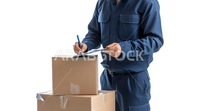 التسوق الذكي والطلبات الاونلاين,  تسجيل وكتابة البيانات والملاحظات، مفهوم التسوق الالكتروني,عملية شحن وتوصيل موثوقه, بورتريه مقرب لرجل عربي خليجي سعودي يرتدي بدلة عمل زرقاء يعمل في توصيل الطلبات والبضائع للزبائن, خلفية بيضاء