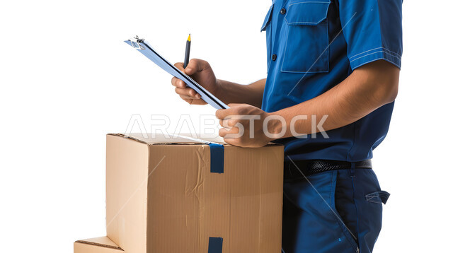 الطلبات الاونلاين والتسوق الذكي,  تسجيل وكتابة البيانات والملاحظات، مفهوم التسوق الالكتروني,عملية شحن وتوصيل موثوقه, بورتريه مقرب لرجل عربي خليجي سعودي يرتدي بدلة عمل زرقاء يعمل في توصيل الطلبات والبضائع للزبائن, خلفية بيضاء