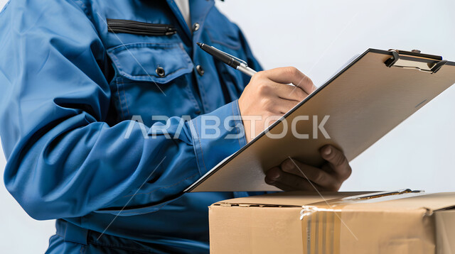 E-shopping concept, recording and writing data and notes, online orders and smart shopping, reliable shipping and delivery process, close-up portrait of a Saudi Arabian Gulf man wearing a blue business suit working in delivering orders and goods to customers, white background