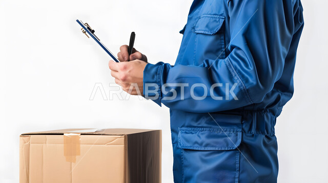 Recording and writing data and notes, the concept of e-shopping, online orders and smart shopping, reliable shipping and delivery process, close-up portrait of a Saudi Arabian Gulf man wearing a blue business suit working in delivering orders and goods to customers, white background