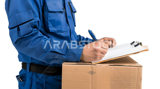 Writing and recording data and notes, the concept of e-shopping, online orders and smart shopping, reliable shipping and delivery process, close-up portrait of a Saudi Arabian Gulf man wearing a blue business suit working in delivering orders and goods to customers, white background