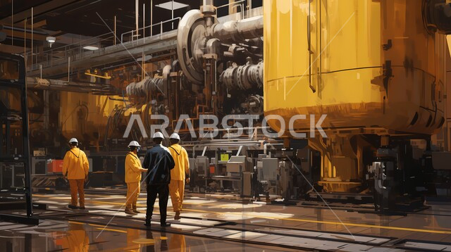 هندسة النفط والبترول في السعودية, فريق عمل عربي خليجي سعودي يرتدون الزي الرسمي للعمل والخوذة الواقية يقفون أمام الآلات الكبيرة ويناقشون سير الأعمال, فنيو تشغيل آلة تعدين البترول في شركة نفط في المملكة, المصانع والشركات النفطية لاستخراج الثروات الباطنية 