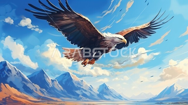 نسر يحلق بجناحيه الكبيرين في السماء الصافية في صحراء الإمارات العربية, مفهوم الافتراس وحدة البصر, تنوع الثروة الحيوانية, الطيور الجارحة وحياة الحيوانات البرية