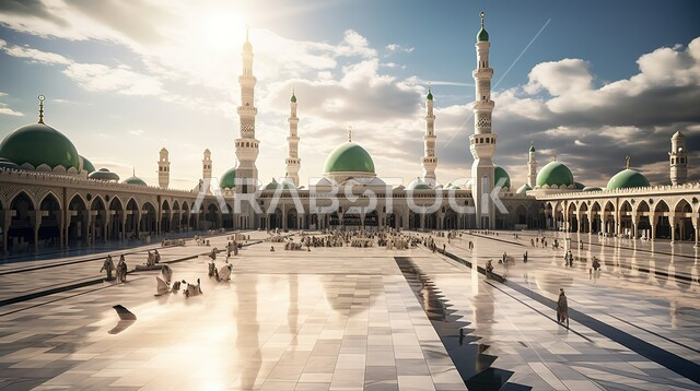 العبادة والتقرب إلى الله تعالى, نداء المسلمين لأداء الفرائض والصلوات,  صورة للمساجد الاسلامية, سماء مليئة بالغيوم، أجواء روحانية هادئة, الديكورات والتصميم الهندسي على الطراز العربي الاسلامي القديم