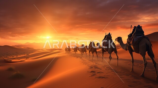 مجموعة من الجمال تسير فوق الكثبان الرملية في الصحراء، استخدام الإبل في التنقل في صحاري المملكة العربية السعودية، المناظر الطبيعية والرمال الذهبية الناعمة، الحياة البدوية الشعبية التقليدية, أماكن سياحية صحراوية