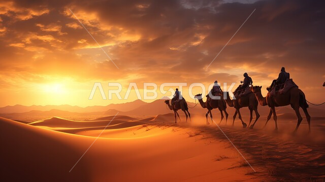 مجموعة من الجمال تسير فوق الكثبان الرملية في الصحراء، استخدام الإبل في التنقل في صحاري المملكة العربية السعودية، المناظر الطبيعية والرمال الذهبية الناعمة، الحياة البدوية الشعبية التقليدية, أماكن سياحية صحراوية