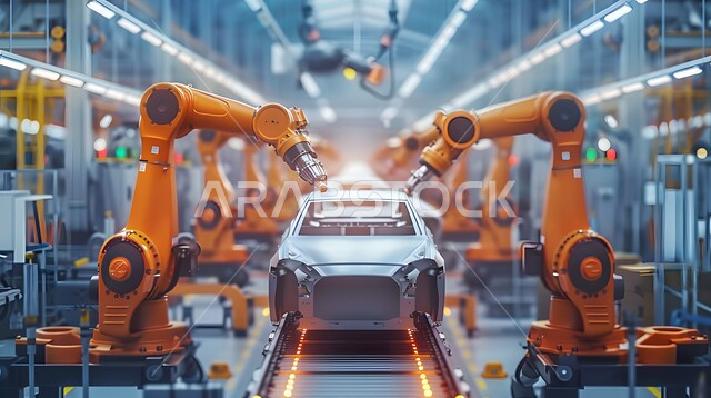 Artificial intelligence technology and science in the engineering field, automation in laboratories and factories in the Kingdom of Saudi Arabia, using advanced robots in the production and manufacturing of modern cars, achieving the industrial revolution, a future Saudi vision 2030.
