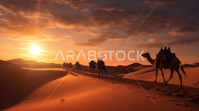 استخدام الإبل في التنقل في صحاري المملكة العربية السعودية، مجموعة من الجمال تسير فوق الكثبان الرملية في الصحراء، المناظر الطبيعية والرمال الذهبية الناعمة، الحياة البدوية الشعبية التقليدية, أماكن سياحية صحراوية