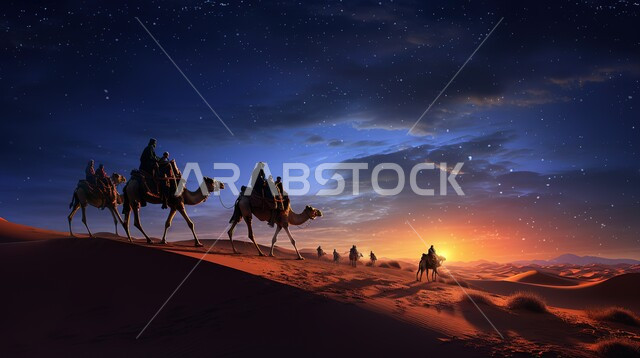 A group of camels walking over the sand dunes in the desert, a view of the Milky Way and the shining stars above the soft golden sand, using camels to move around in the deserts of the Kingdom of Saudi Arabia, desert tourist places, interest in raising and caring for animals