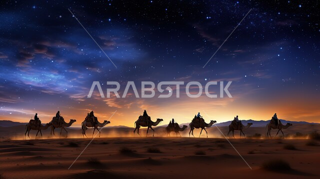 مجموعة من الجمال تسير فوق الكثبان الرملية في الصحراء، مشهد لمجرة درب التبانة والنجوم اللامعة فوق الرمال الذهبية الناعمة، استخدام الإبل في التنقل في صحاري المملكة العربية السعودية، أماكن سياحية صحراوية، الإهتمام في تربية ورعاية الحيوانات