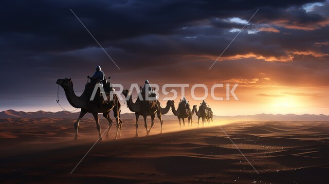  استخدام الإبل في التنقل في صحاري المملكة العربية السعودية، مجموعة من الجمال تسير فوق الكثبان الرملية اللامعة في الصحراء، أماكن سياحية صحراوية، الإهتمام في تربية ورعاية الحيوانات، سماء مليئة بالغيوم