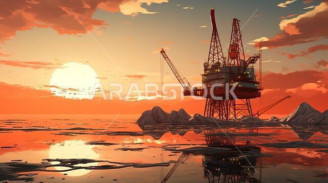 استنباط النفط والزيوت، بيع وتصدير الثروات الباطنية، جودة أدوات ومعدات استخراج البترول، صورة ظليلية لحفارة تقوم بالتنقيب عن النفط في الصحراء وقت غروب الشمس، سالوليت